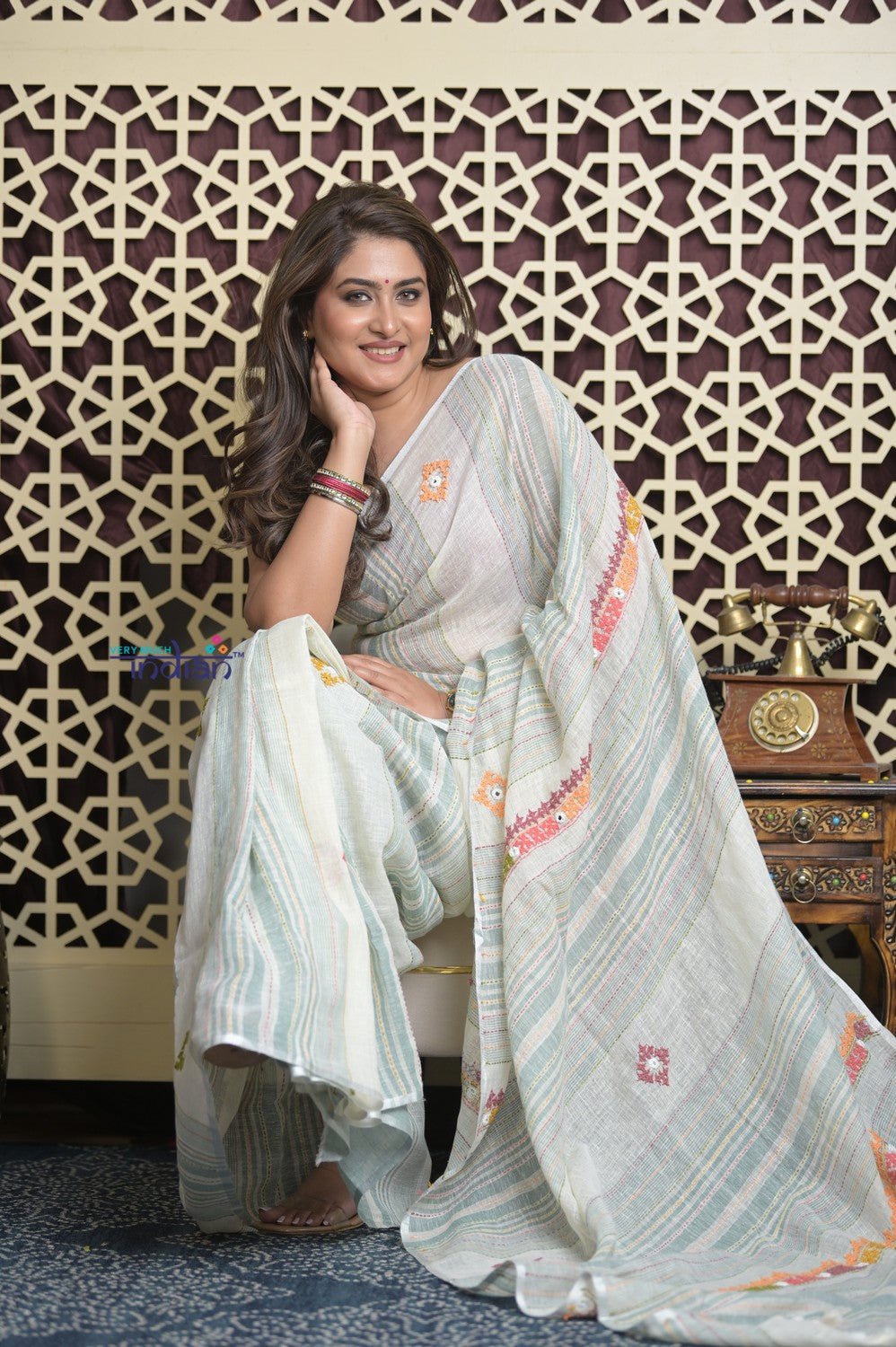 Shubh Lakshmi 2.0 ~ Handloom Linen Saree with Kantha Work in White and Sea Green - verymuchindian.com