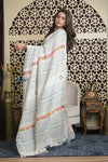 Shubh Lakshmi 2.0 ~ Handloom Linen Saree with Kantha Work in White and Sea Green - verymuchindian.com