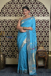 Shubh Lakshmi 2.0 ~ Handloom Pure Cotton Muniya Border Paithani with Asawali Pallu in Fresh Blue - verymuchindian.com