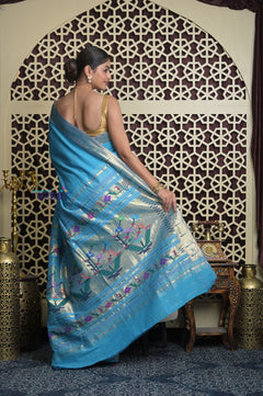 Shubh Lakshmi 2.0 ~ Handloom Pure Cotton Muniya Border Paithani with Asawali Pallu in Fresh Blue - verymuchindian.com