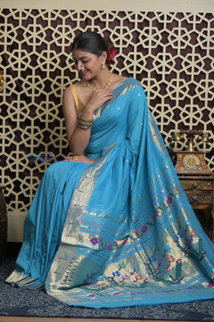 Shubh Lakshmi 2.0 ~ Handloom Pure Cotton Muniya Border Paithani with Asawali Pallu in Fresh Blue - verymuchindian.com