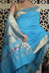 Shubh Lakshmi 2.0 ~ Handloom Pure Cotton Muniya Border Paithani with Asawali Pallu in Fresh Blue - verymuchindian.com