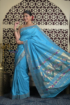 Shubh Lakshmi 2.0 ~ Handloom Pure Cotton Muniya Border Paithani with Asawali Pallu in Fresh Blue - verymuchindian.com