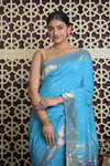 Shubh Lakshmi 2.0 ~ Handloom Pure Cotton Muniya Border Paithani with Asawali Pallu in Fresh Blue - verymuchindian.com