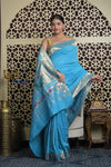 Shubh Lakshmi 2.0 ~ Handloom Pure Cotton Muniya Border Paithani with Asawali Pallu in Fresh Blue - verymuchindian.com
