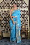 Shubh Lakshmi 2.0 ~ Handloom Pure Cotton Muniya Border Paithani with Asawali Pallu in Fresh Blue - verymuchindian.com