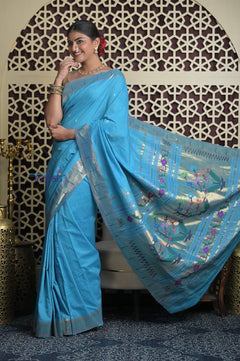 Shubh Lakshmi 2.0 ~ Handloom Pure Cotton Muniya Border Paithani with Asawali Pallu in Fresh Blue - verymuchindian.com