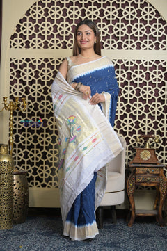 Shubh Lakshmi 2.0 ~ Handloom Pure Cotton Paithani with All Over Hand Bandhani in Marine Blue and White with Asawali Pallu - verymuchindian.com