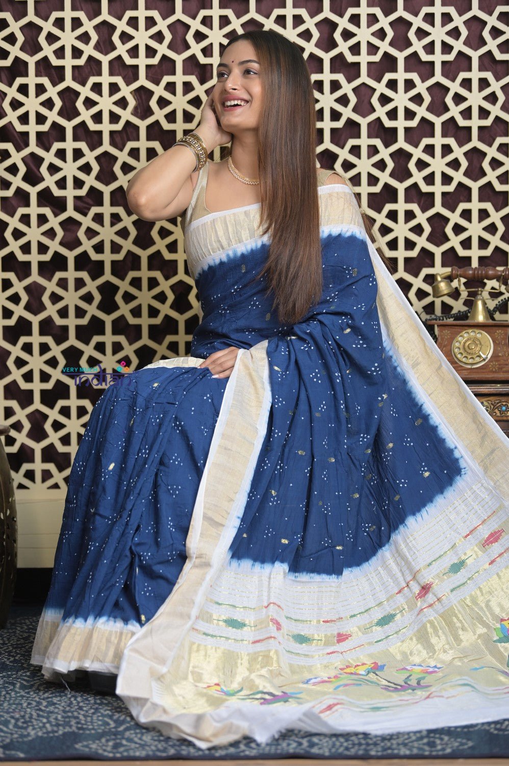 Shubh Lakshmi 2.0 ~ Handloom Pure Cotton Paithani with All Over Hand Bandhani in Marine Blue and White with Asawali Pallu - verymuchindian.com
