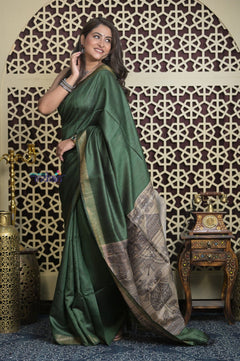 Shubh Lakshmi 2.0 ~ Handloom Pure Dupion Silk Saree with Digital Print in Dark Green - verymuchindian.com