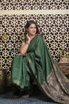 Shubh Lakshmi 2.0 ~ Handloom Pure Dupion Silk Saree with Digital Print in Dark Green - verymuchindian.com