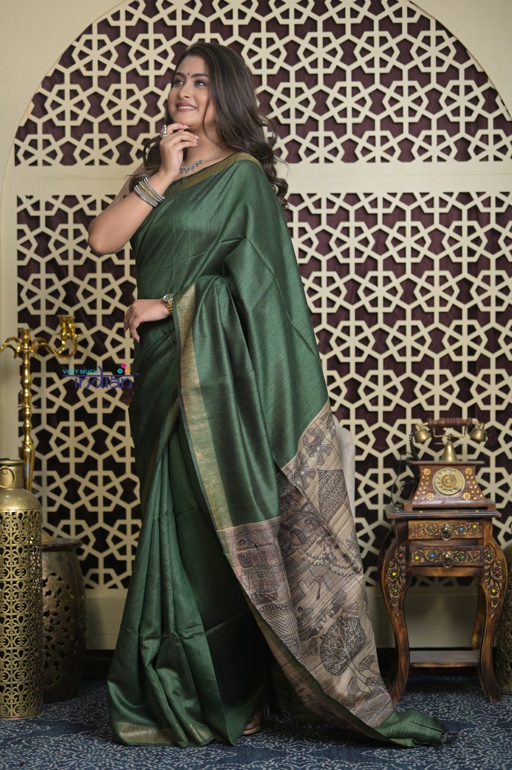 Shubh Lakshmi 2.0 ~ Handloom Pure Dupion Silk Saree with Digital Print in Dark Green - verymuchindian.com