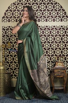Shubh Lakshmi 2.0 ~ Handloom Pure Dupion Silk Saree with Digital Print in Dark Green - verymuchindian.com