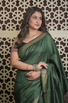 Shubh Lakshmi 2.0 ~ Handloom Pure Dupion Silk Saree with Digital Print in Dark Green - verymuchindian.com