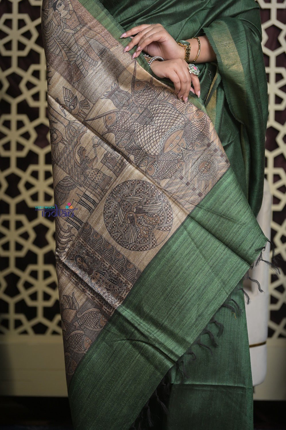 Shubh Lakshmi 2.0 ~ Handloom Pure Dupion Silk Saree with Digital Print in Dark Green - verymuchindian.com