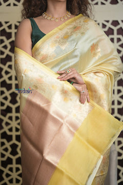 Shubh Lakshmi 2.0 ~ Handloom Pure Katan Silk Saree in Light Yellow (Silk Mark Certified) - verymuchindian.com