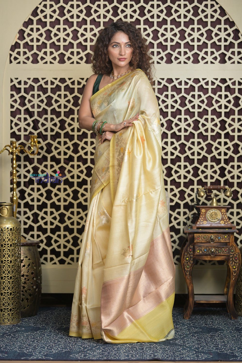 Shubh Lakshmi 2.0 ~ Handloom Pure Katan Silk Saree in Light Yellow (Silk Mark Certified) - verymuchindian.com