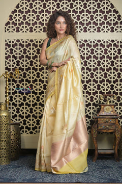 Shubh Lakshmi 2.0 ~ Handloom Pure Katan Silk Saree in Light Yellow (Silk Mark Certified) - verymuchindian.com