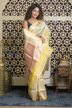 Shubh Lakshmi 2.0 ~ Handloom Pure Katan Silk Saree in Light Yellow (Silk Mark Certified) - verymuchindian.com