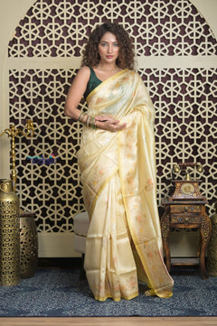Shubh Lakshmi 2.0 ~ Handloom Pure Katan Silk Saree in Light Yellow (Silk Mark Certified) - verymuchindian.com