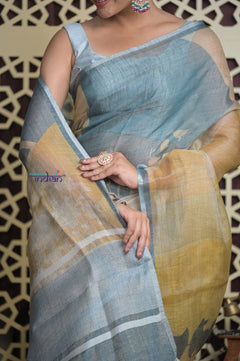 Shubh Lakshmi 2.0 ~ Handloom Pure Kora Linen Silk Saree with Floral Print in Ivory and Blue - verymuchindian.com