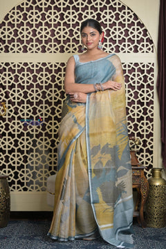 Shubh Lakshmi 2.0 ~ Handloom Pure Kora Linen Silk Saree with Floral Print in Ivory and Blue - verymuchindian.com