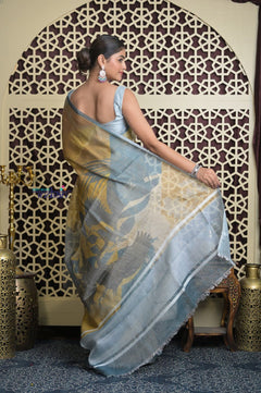Shubh Lakshmi 2.0 ~ Handloom Pure Kora Linen Silk Saree with Floral Print in Ivory and Blue - verymuchindian.com
