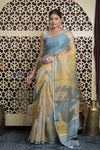 Shubh Lakshmi 2.0 ~ Handloom Pure Kora Linen Silk Saree with Floral Print in Ivory and Blue - verymuchindian.com