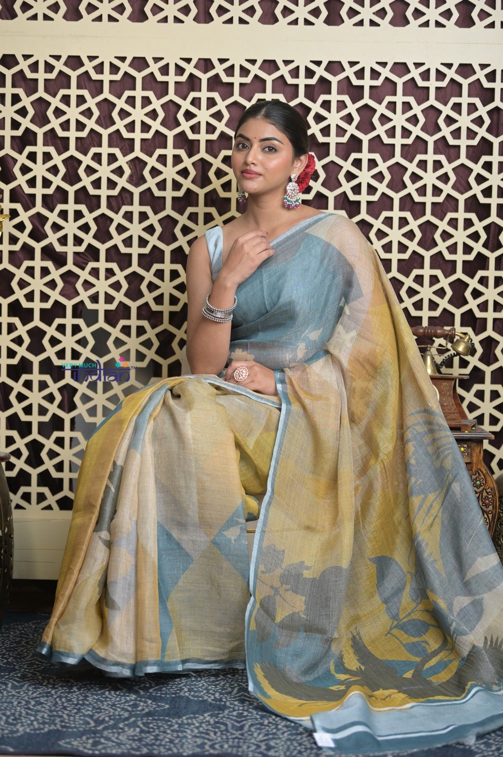 Shubh Lakshmi 2.0 ~ Handloom Pure Kora Linen Silk Saree with Floral Print in Ivory and Blue - verymuchindian.com