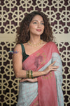 Shubh Lakshmi 2.0 ~ Handloom Pure Linen Saree in Powder Blue and Pink - verymuchindian.com