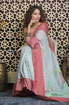 Shubh Lakshmi 2.0 ~ Handloom Pure Linen Saree in Powder Blue and Pink - verymuchindian.com