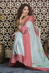 Shubh Lakshmi 2.0 ~ Handloom Pure Linen Saree in Powder Blue and Pink - verymuchindian.com