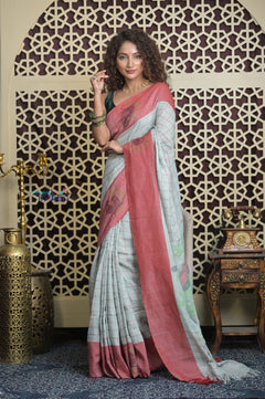 Shubh Lakshmi 2.0 ~ Handloom Pure Linen Saree in Powder Blue and Pink - verymuchindian.com
