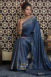 Shubh Lakshmi 2.0 ~ Handloom Pure Mysore Silk Crepe Saree in Metal Blue and Gold (Silk Mark Certified) - verymuchindian.com