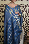 Shubh Lakshmi 2.0 ~ Handloom Pure Mysore Silk Crepe Saree in Metal Blue and Gold (Silk Mark Certified) - verymuchindian.com