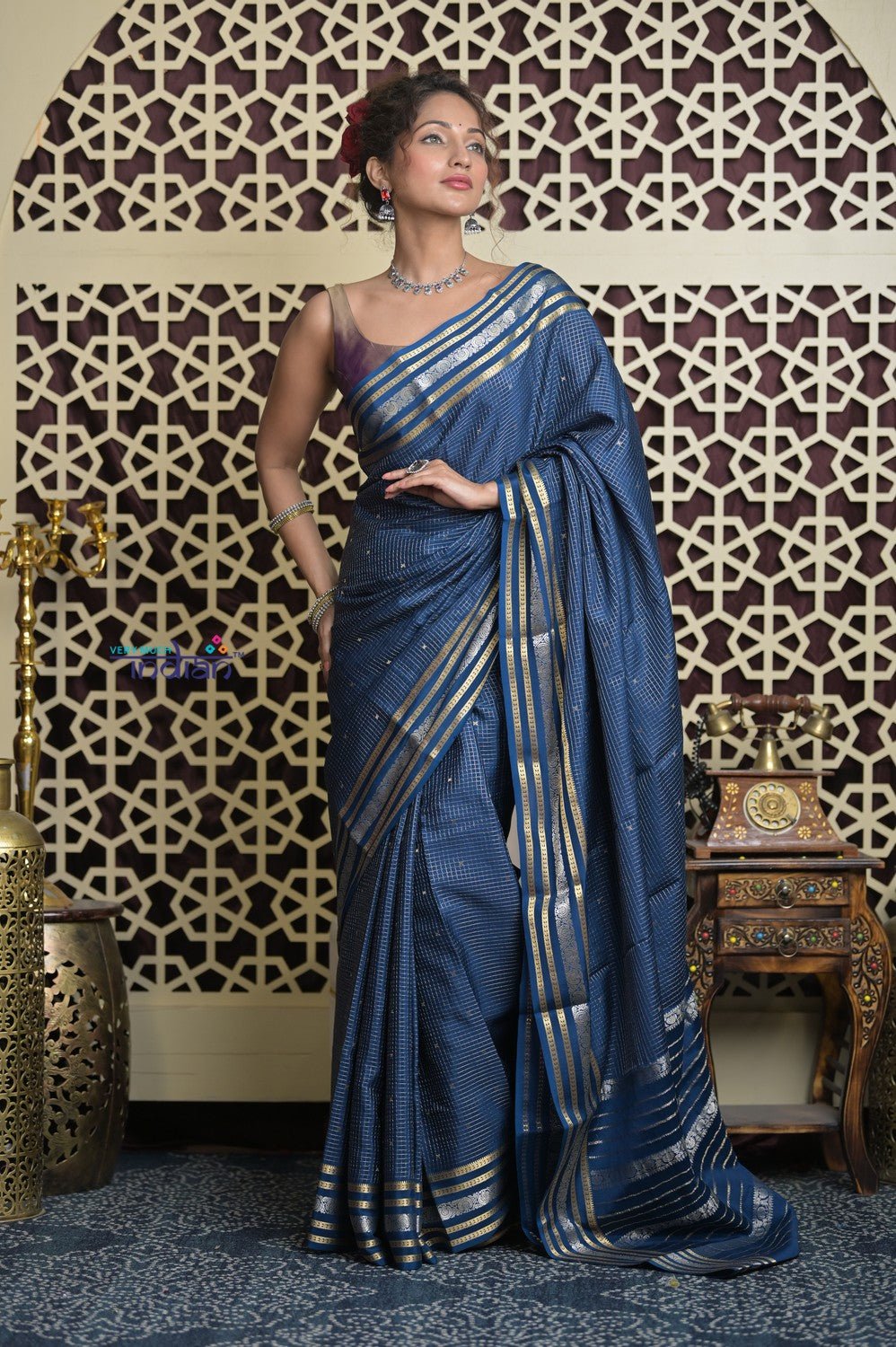 Shubh Lakshmi 2.0 ~ Handloom Pure Mysore Silk Crepe Saree in Metal Blue and Gold (Silk Mark Certified) - verymuchindian.com