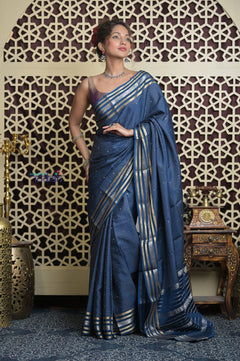 Shubh Lakshmi 2.0 ~ Handloom Pure Mysore Silk Crepe Saree in Metal Blue and Gold (Silk Mark Certified) - verymuchindian.com