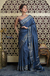 Shubh Lakshmi 2.0 ~ Handloom Pure Mysore Silk Crepe Saree in Metal Blue and Gold (Silk Mark Certified) - verymuchindian.com