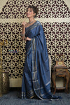Shubh Lakshmi 2.0 ~ Handloom Pure Mysore Silk Crepe Saree in Metal Blue and Gold (Silk Mark Certified) - verymuchindian.com