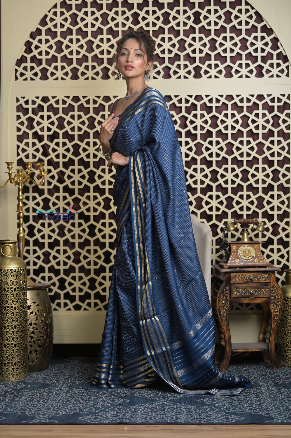 Shubh Lakshmi 2.0 ~ Handloom Pure Mysore Silk Crepe Saree in Metal Blue and Gold (Silk Mark Certified) - verymuchindian.com