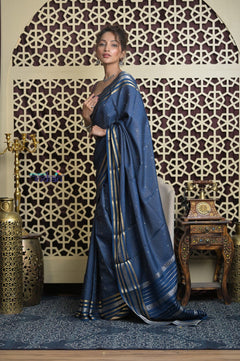 Shubh Lakshmi 2.0 ~ Handloom Pure Mysore Silk Crepe Saree in Metal Blue and Gold (Silk Mark Certified) - verymuchindian.com