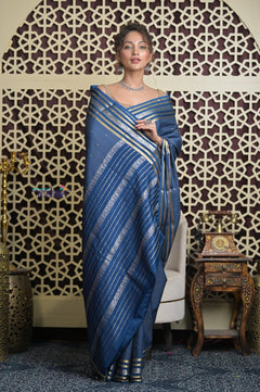 Shubh Lakshmi 2.0 ~ Handloom Pure Mysore Silk Crepe Saree in Metal Blue and Gold (Silk Mark Certified) - verymuchindian.com