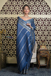 Shubh Lakshmi 2.0 ~ Handloom Pure Mysore Silk Crepe Saree in Metal Blue and Gold (Silk Mark Certified) - verymuchindian.com