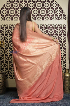 Shubh Lakshmi 2.0 ~ Handloom Pure Mysore Silk Crepe Saree in Peach (Silk Mark Certified) - verymuchindian.com