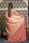 Shubh Lakshmi 2.0 ~ Handloom Pure Mysore Silk Crepe Saree in Peach (Silk Mark Certified) - verymuchindian.com