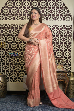 Shubh Lakshmi 2.0 ~ Handloom Pure Mysore Silk Crepe Saree in Peach (Silk Mark Certified) - verymuchindian.com