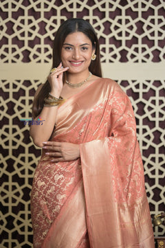 Shubh Lakshmi 2.0 ~ Handloom Pure Mysore Silk Crepe Saree in Peach (Silk Mark Certified) - verymuchindian.com