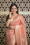 Shubh Lakshmi 2.0 ~ Handloom Pure Mysore Silk Crepe Saree in Peach (Silk Mark Certified) - verymuchindian.com