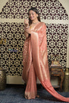 Shubh Lakshmi 2.0 ~ Handloom Pure Mysore Silk Crepe Saree in Peach (Silk Mark Certified) - verymuchindian.com