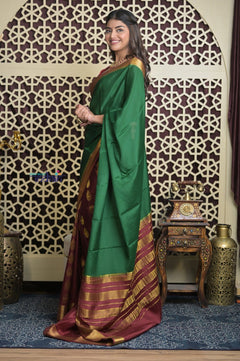 Shubh Lakshmi 2.0~ Handloom Pure Mysore Silk Patli Pallu Crepe Saree in Green and Maroon (Silk Mark Certified) - verymuchindian.com